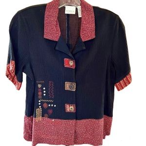 Koret Blouse embellished short sleeve blouse black & red floral unique Petite Sm